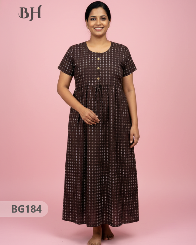 Cotton Frock Nighty with Knot & Pocket | Comfortable Free Size Nightwear