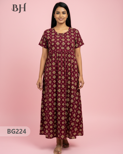 Cotton Frock Nighty with Knot & Pocket | Comfortable Free Size Nightwear