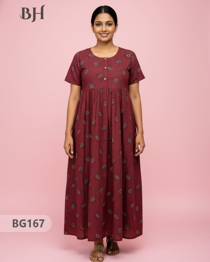 Cotton Frock Nighty with Knot & Pocket | Comfortable Free Size Nightwear