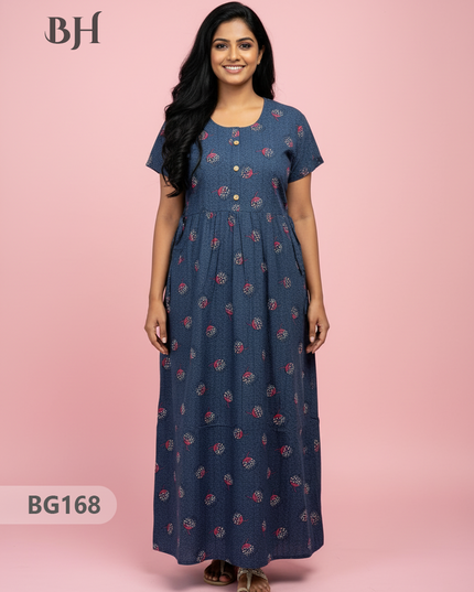 Cotton Frock Nighty with Knot & Pocket | Comfortable Free Size Nightwear