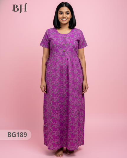 Cotton Frock Nighty with Knot & Pocket | Comfortable Free Size Nightwear