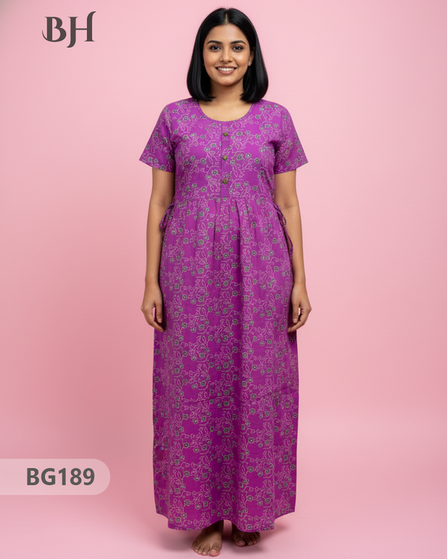 Cotton Frock Nighty with Knot & Pocket | Comfortable Free Size Nightwear