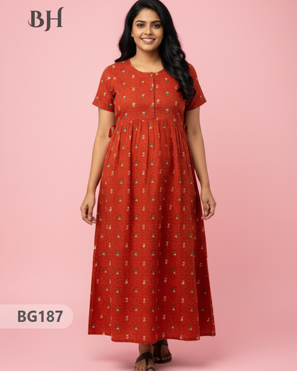 Cotton Frock Nighty with Knot & Pocket | Comfortable Free Size Nightwear