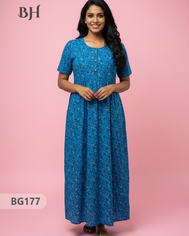 Cotton Frock Nighty with Knot & Pocket | Comfortable Free Size Nightwear