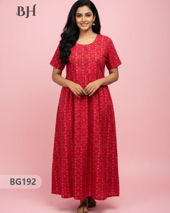 Cotton Frock Nighty with Knot & Pocket | Comfortable Free Size Nightwear