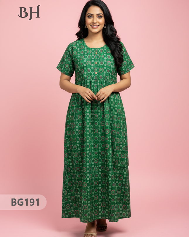 Cotton Frock Nighty with Knot & Pocket | Comfortable Free Size Nightwear