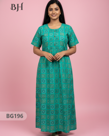 Cotton Frock Nighty with Knot & Pocket | Comfortable Free Size Nightwear