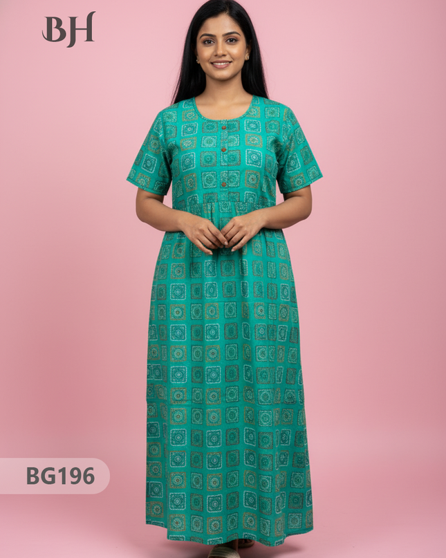 Cotton Frock Nighty with Knot & Pocket | Comfortable Free Size Nightwear