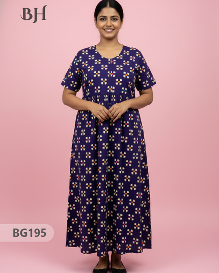 Cotton Frock Nighty with Knot & Pocket | Comfortable Free Size Nightwear