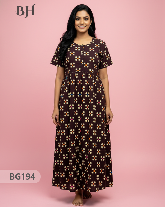 Cotton Frock Nighty with Knot & Pocket | Comfortable Free Size Nightwear