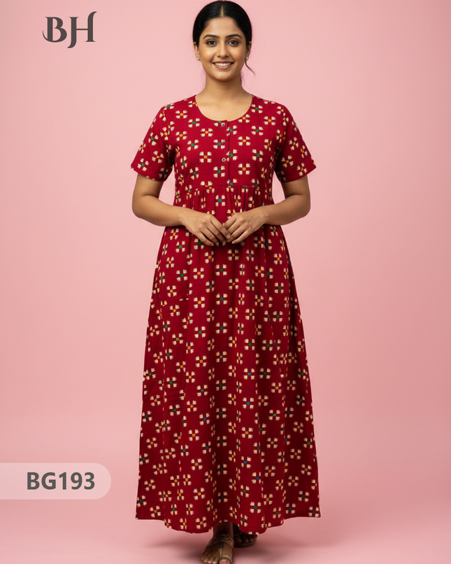 Cotton Frock Nighty with Knot & Pocket | Comfortable Free Size Nightwear