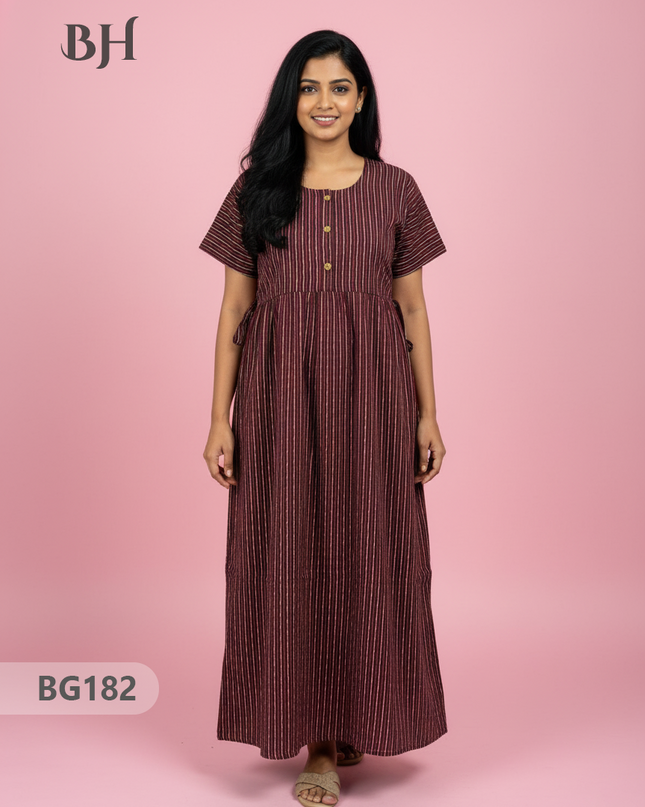 Cotton Frock Nighty with Knot & Pocket | Comfortable Free Size Nightwear
