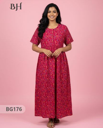 Cotton Frock Nighty with Knot & Pocket | Comfortable Free Size Nightwear