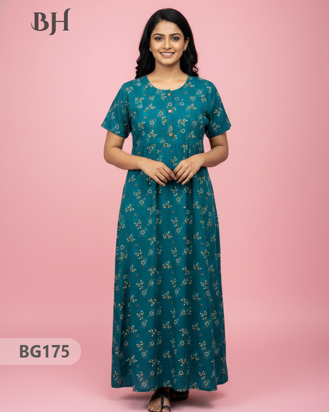 Cotton Frock Nighty with Knot & Pocket | Comfortable Free Size Nightwear