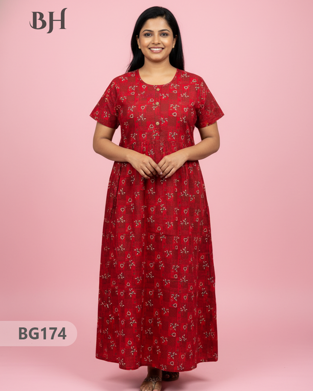 Cotton Frock Nighty with Knot & Pocket | Comfortable Free Size Nightwear