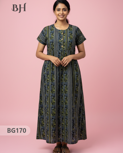 Cotton Frock Nighty with Knot & Pocket | Comfortable Free Size Nightwear