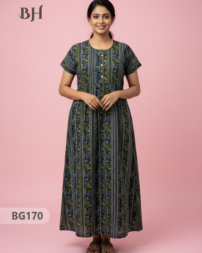 Cotton Frock Nighty with Knot & Pocket | Comfortable Free Size Nightwear