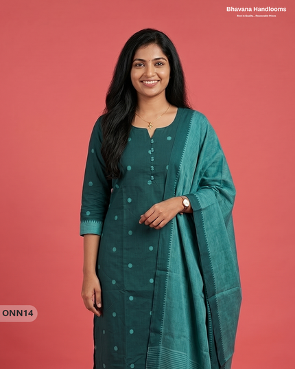 Mangalagiri Cotton 3PC Set with Full-Length Lining & Elastic Pocket Bottom – Dark Teal