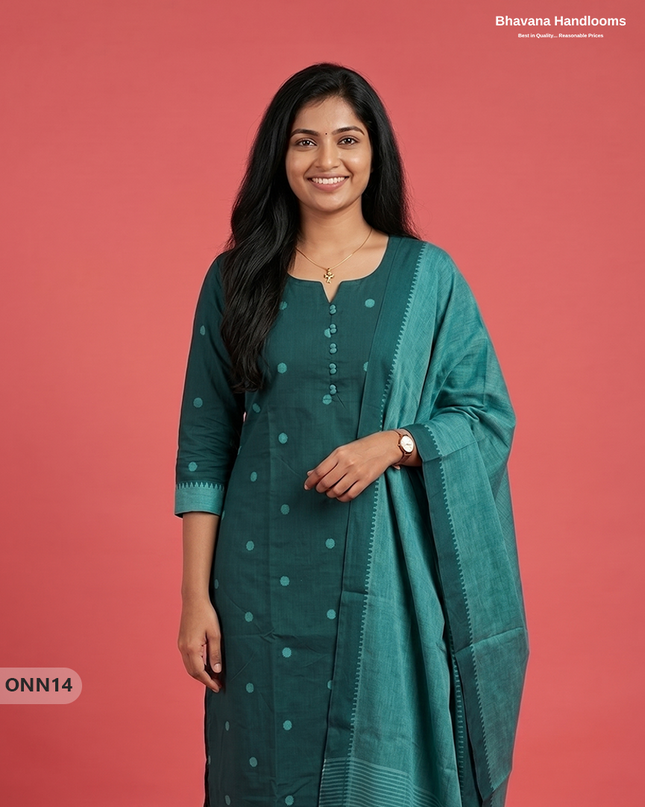Mangalagiri Cotton 3PC Set with Full-Length Lining & Elastic Pocket Bottom – Dark Teal