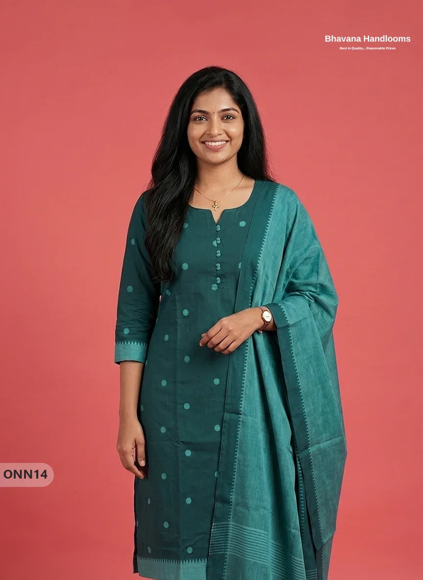 Mangalagiri Cotton 3PC Set with Full-Length Lining & Elastic Pocket Bottom – Dark Teal