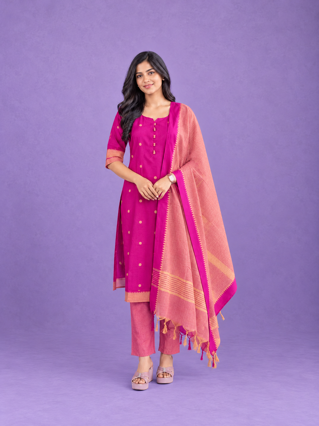 Mangalagiri Cotton 3PC Set with Full-Length Lining & Elastic Pocket Bottom – Magenta & Peach