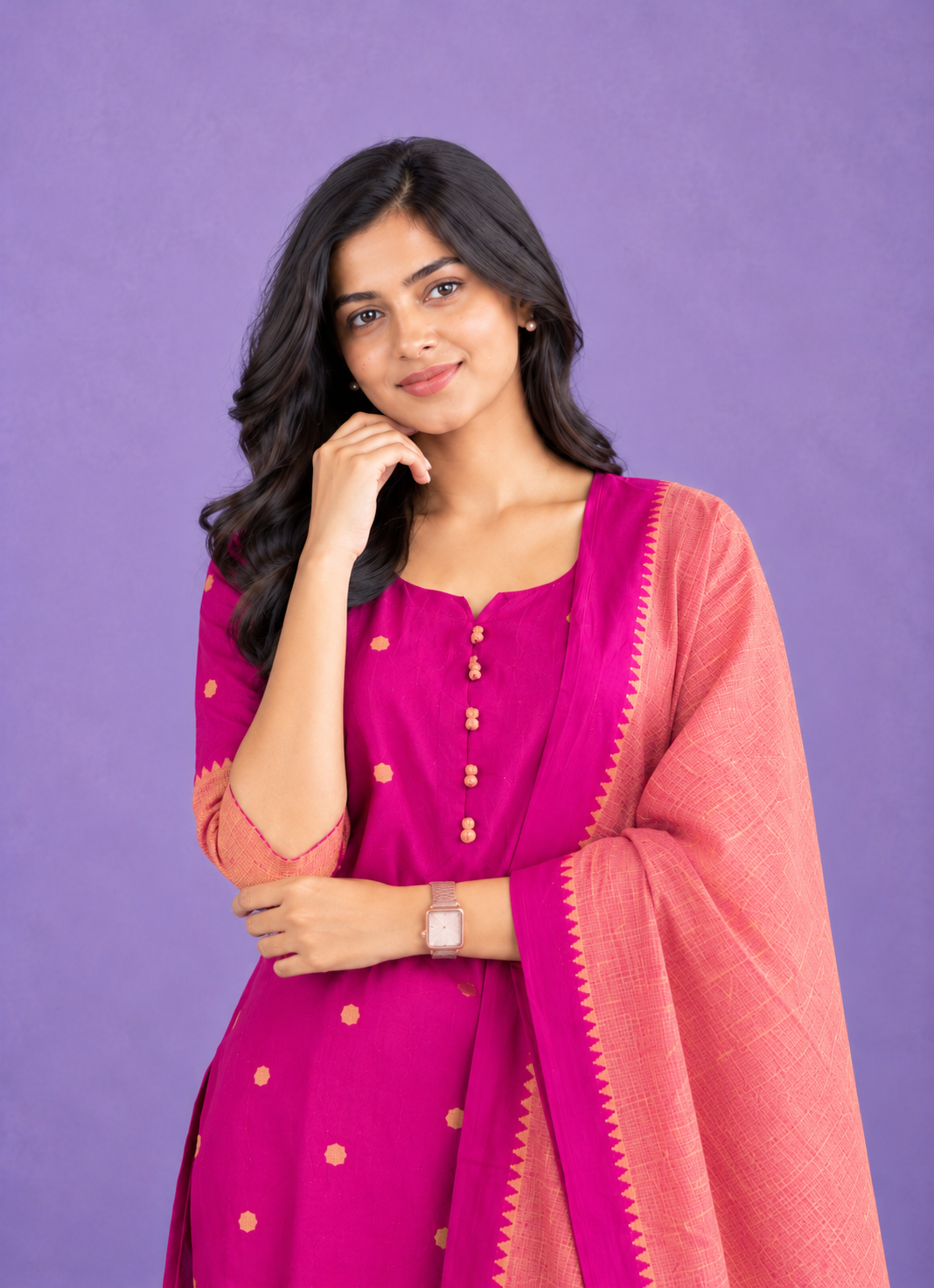 Mangalagiri Cotton 3PC Set with Full-Length Lining & Elastic Pocket Bottom – Magenta & Peach
