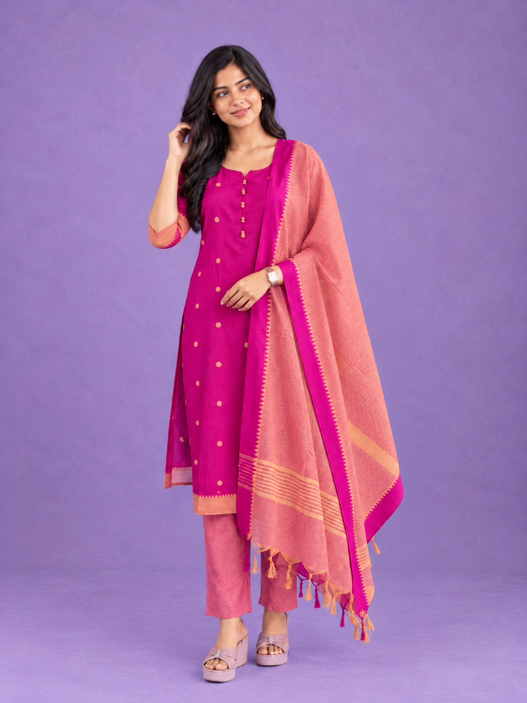 Mangalagiri Cotton 3PC Set with Full-Length Lining & Elastic Pocket Bottom – Magenta & Peach