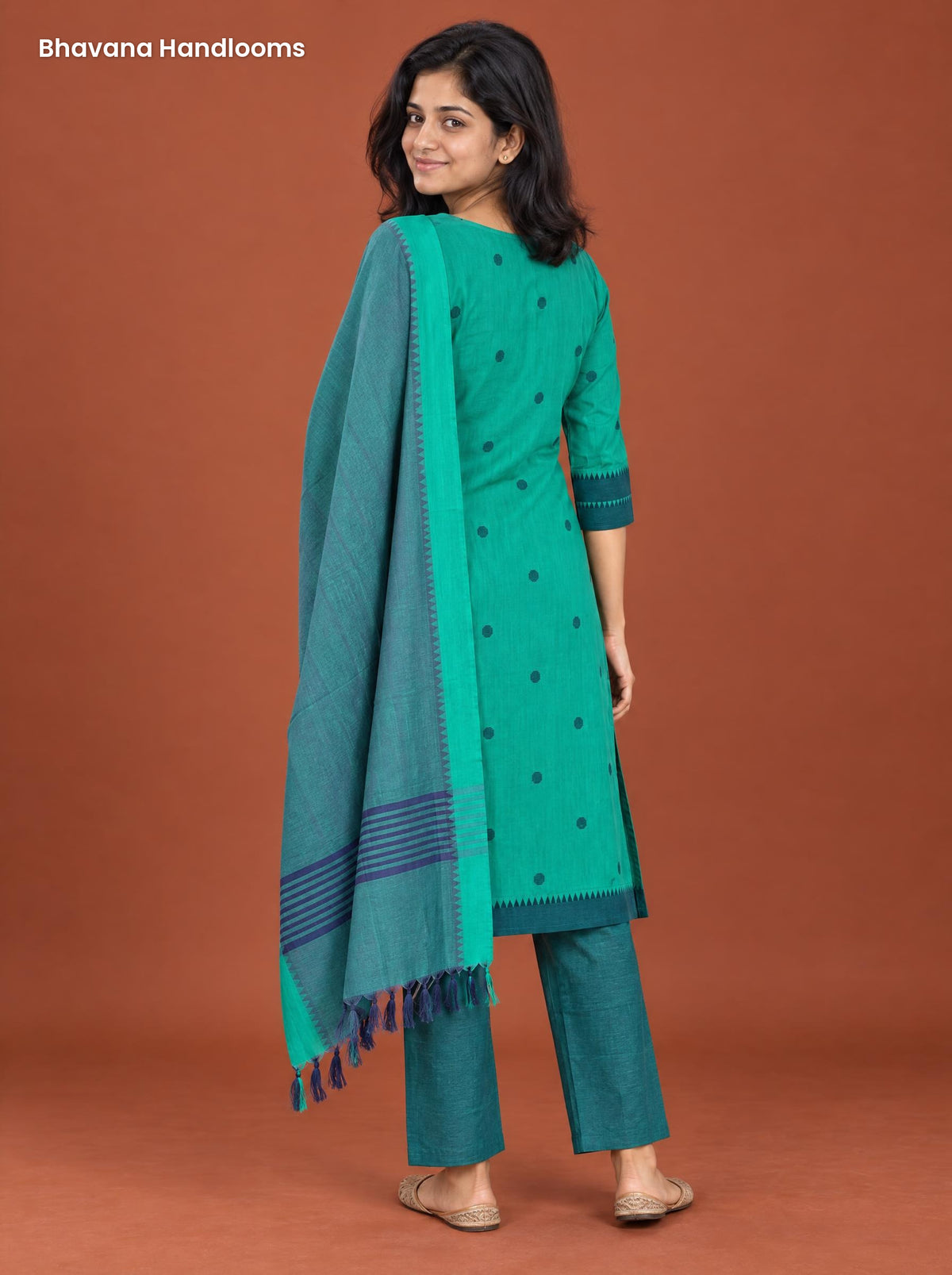 Mangalagiri Cotton 3PC Set with Full-Length Lining & Elastic Pocket Bottom – Teal & Navy Blue