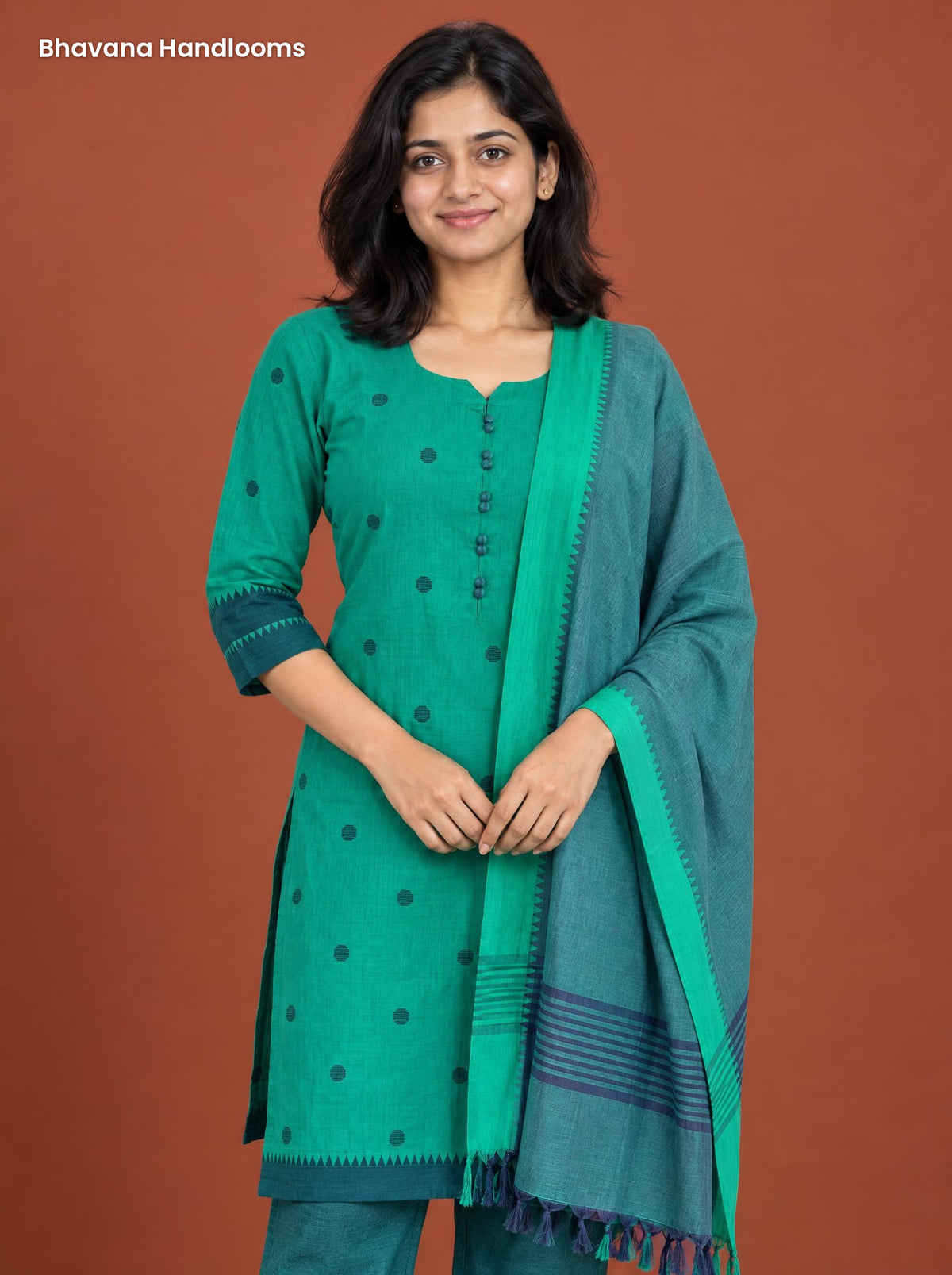 Mangalagiri Cotton 3PC Set with Full-Length Lining & Elastic Pocket Bottom – Teal & Navy Blue
