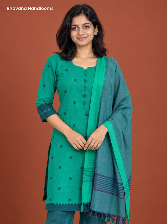 Mangalagiri Cotton 3PC Set with Full-Length Lining & Elastic Pocket Bottom – Teal & Navy Blue