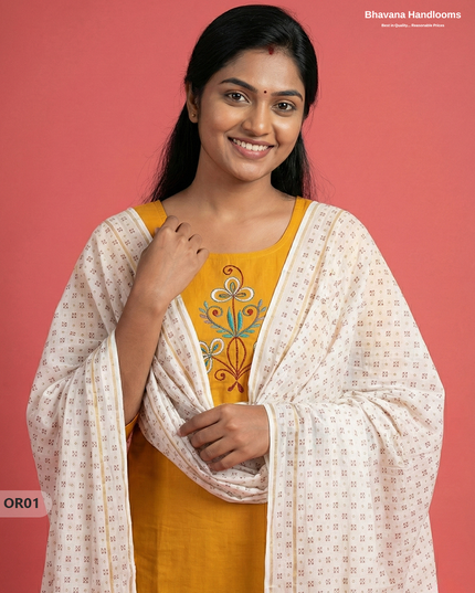 Cotton 3Pc Ready-to-Wear Kurti Set – Yellow colour | No Lining