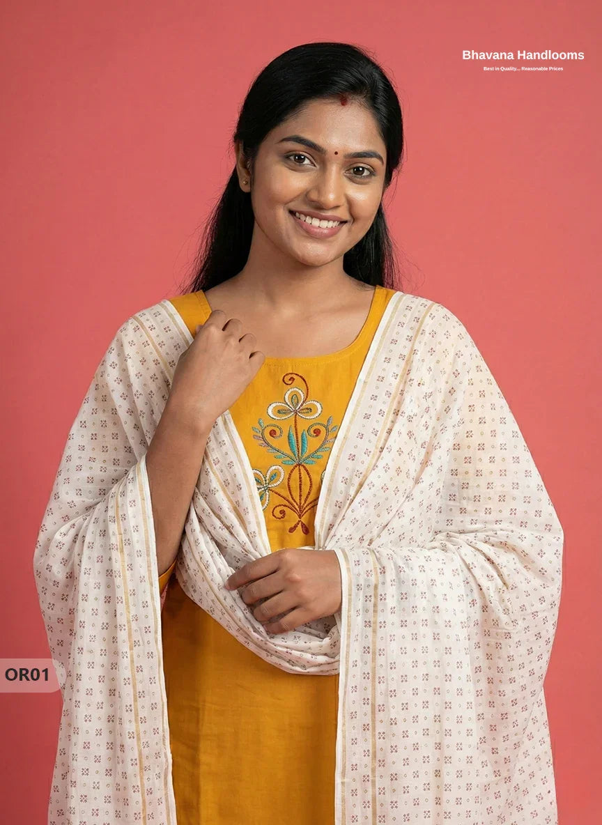 Cotton 3Pc Ready-to-Wear Kurti Set – Yellow colour | No Lining
