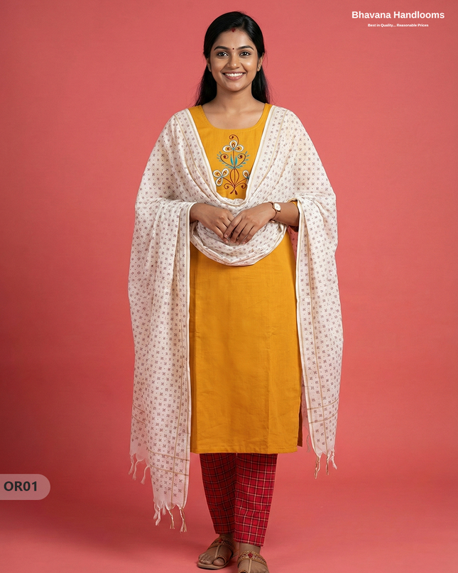 Cotton 3Pc Ready-to-Wear Kurti Set – Yellow colour | No Lining