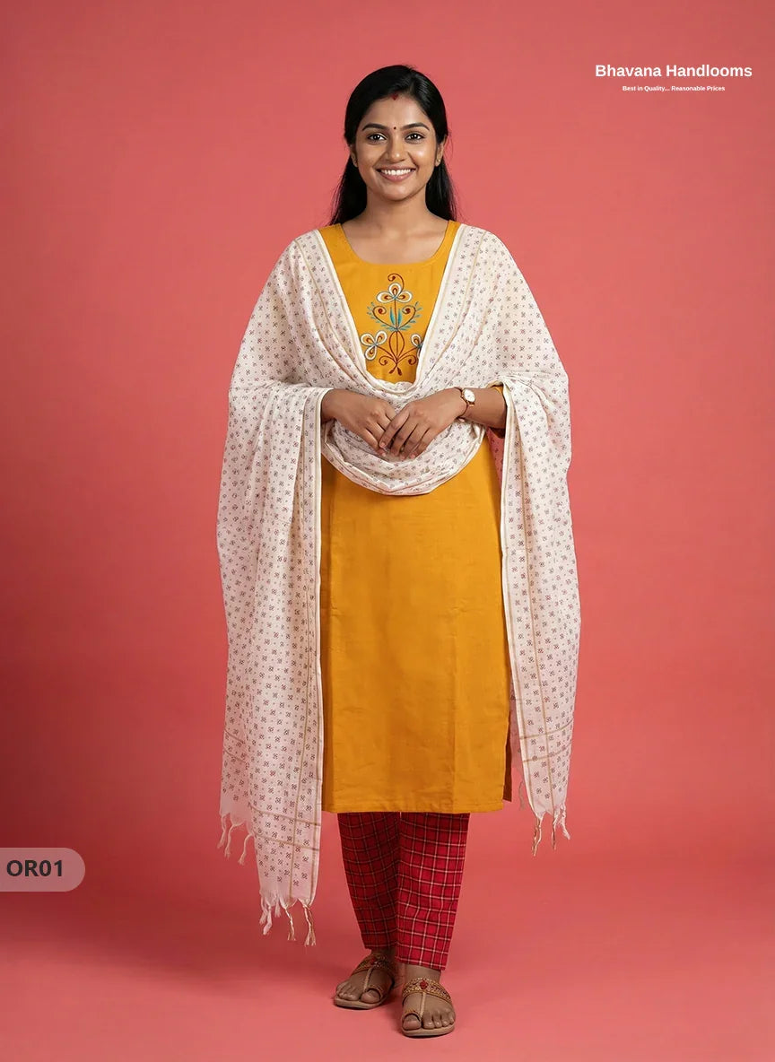Cotton 3Pc Ready-to-Wear Kurti Set – Yellow colour | No Lining