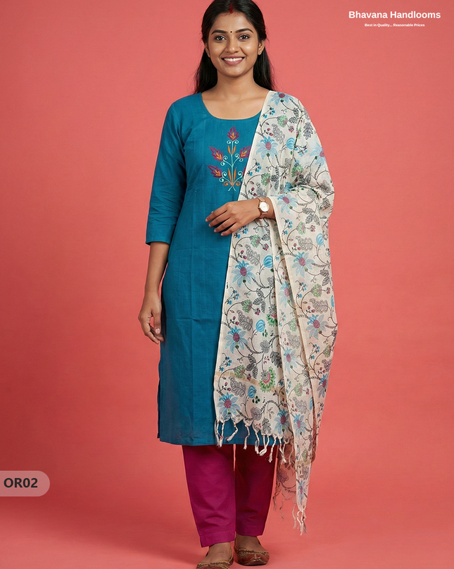 Cotton 3Pc Ready-to-Wear Kurti Set – Sea Blue colour | No Lining