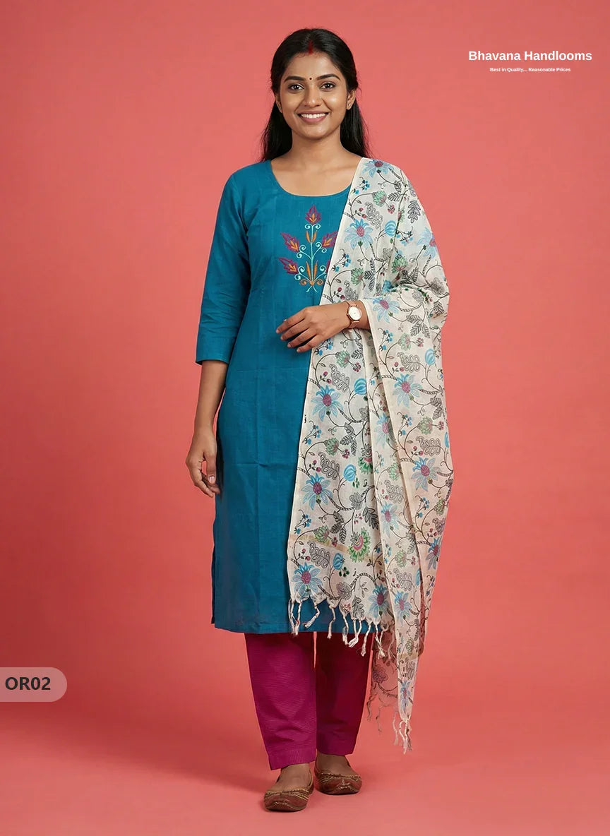 Cotton 3Pc Ready-to-Wear Kurti Set – Sea Blue colour | No Lining