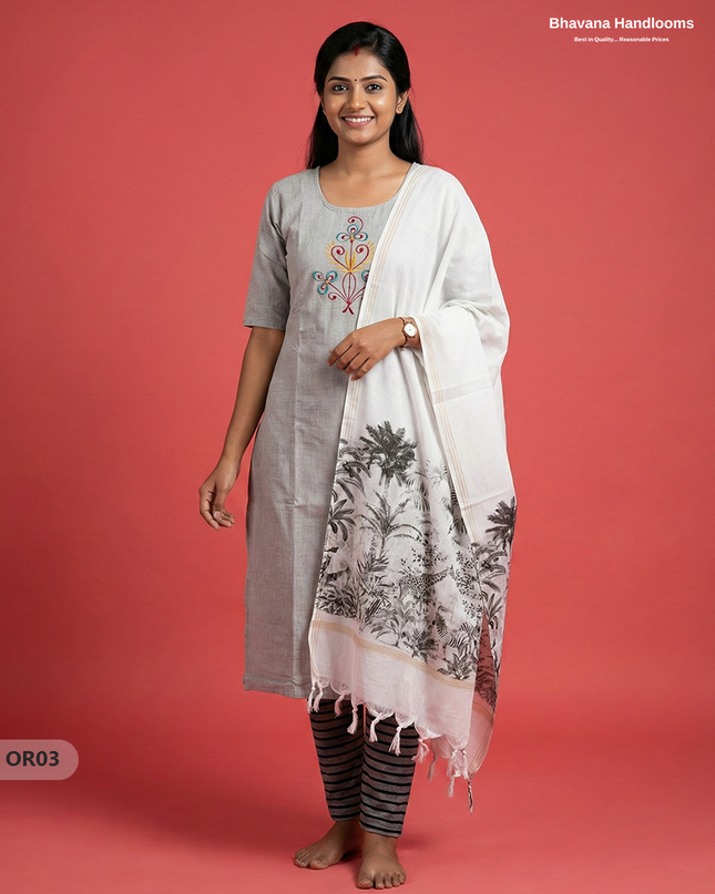 Cotton 3Pc Ready-to-Wear Kurti Set – White colour | No Lining
