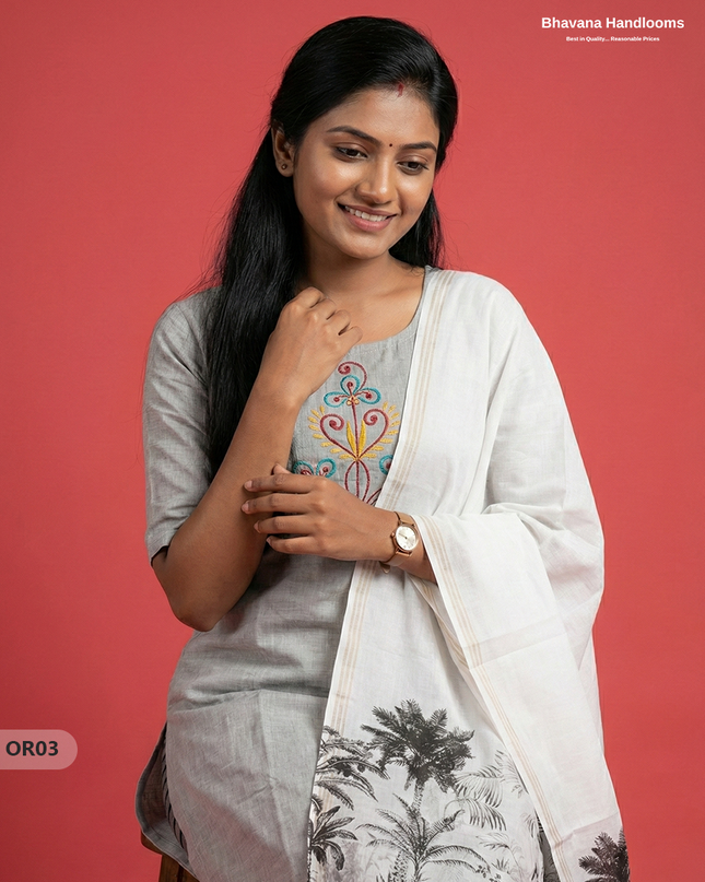 Cotton 3Pc Ready-to-Wear Kurti Set – White colour | No Lining