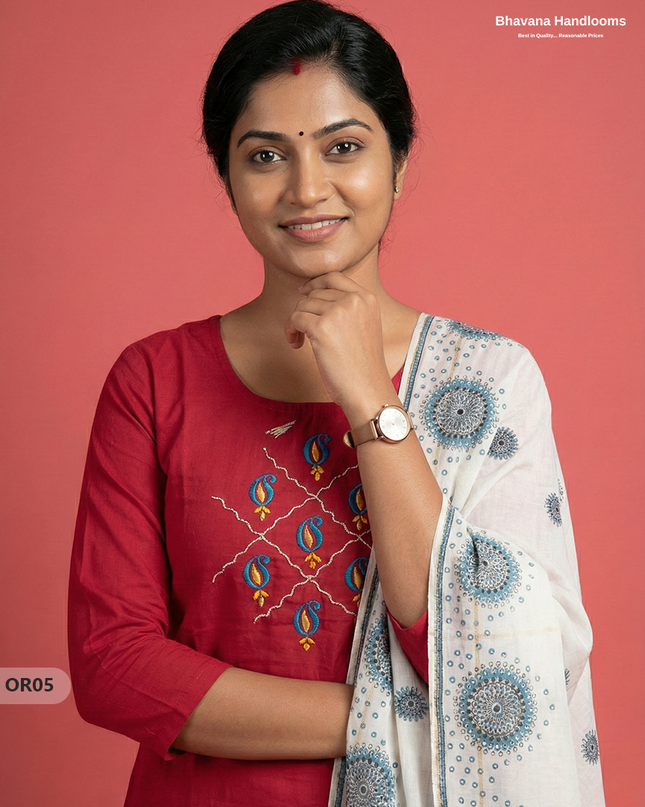 Cotton 3Pc Ready-to-Wear Kurti Set – Red colour | No Lining