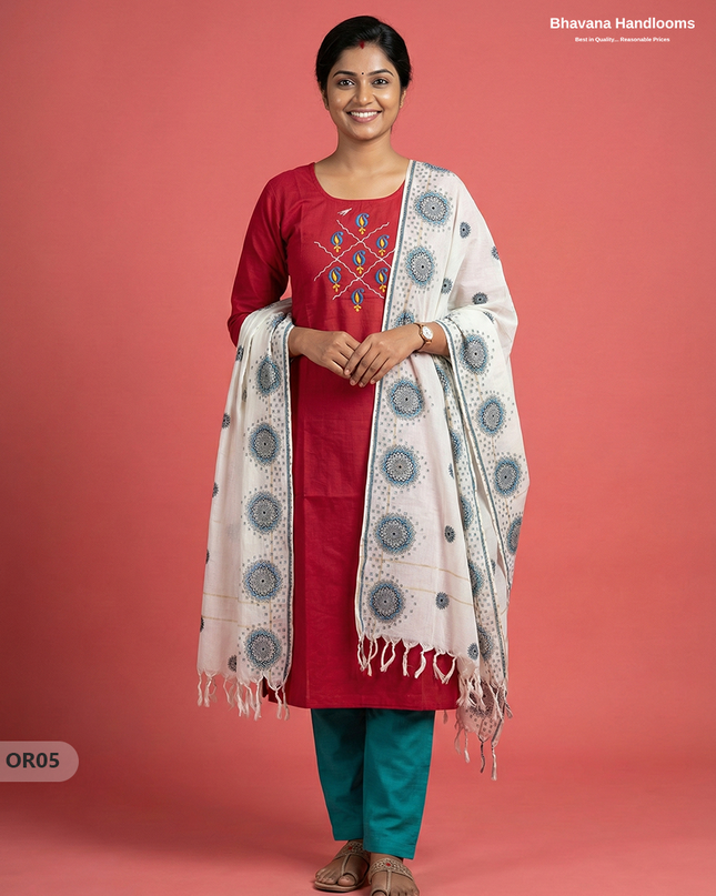 Cotton 3Pc Ready-to-Wear Kurti Set – Red colour | No Lining