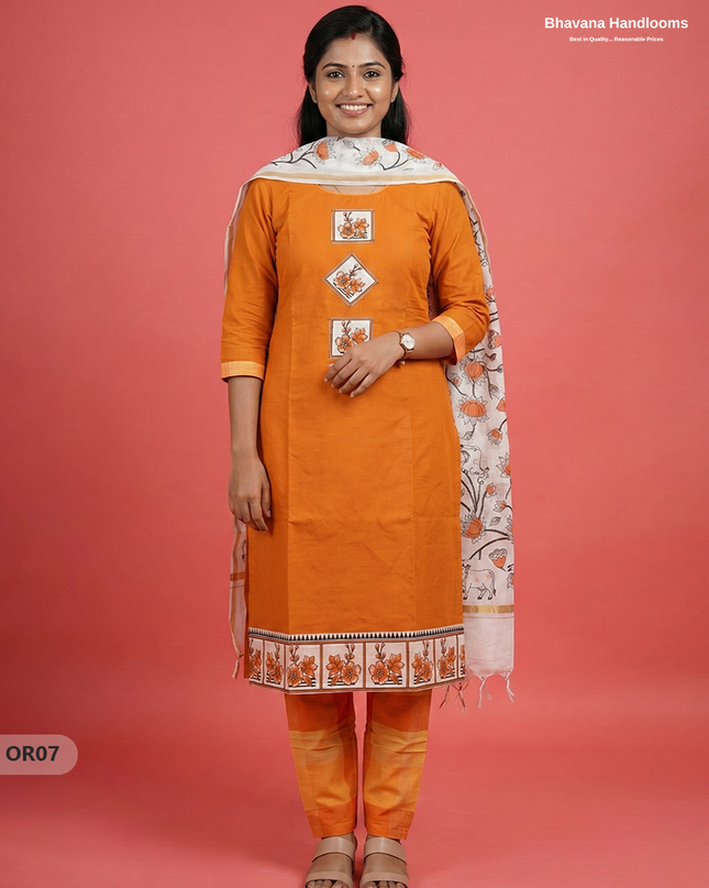 Cotton 3Pc Ready-to-Wear Kurti Set – Orange colour | No Lining