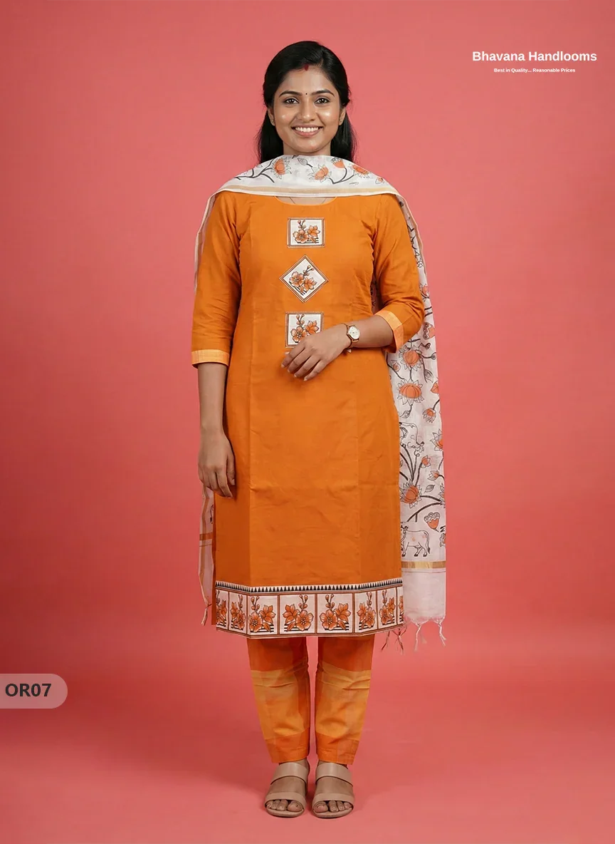 Cotton 3Pc Ready-to-Wear Kurti Set – Orange colour | No Lining