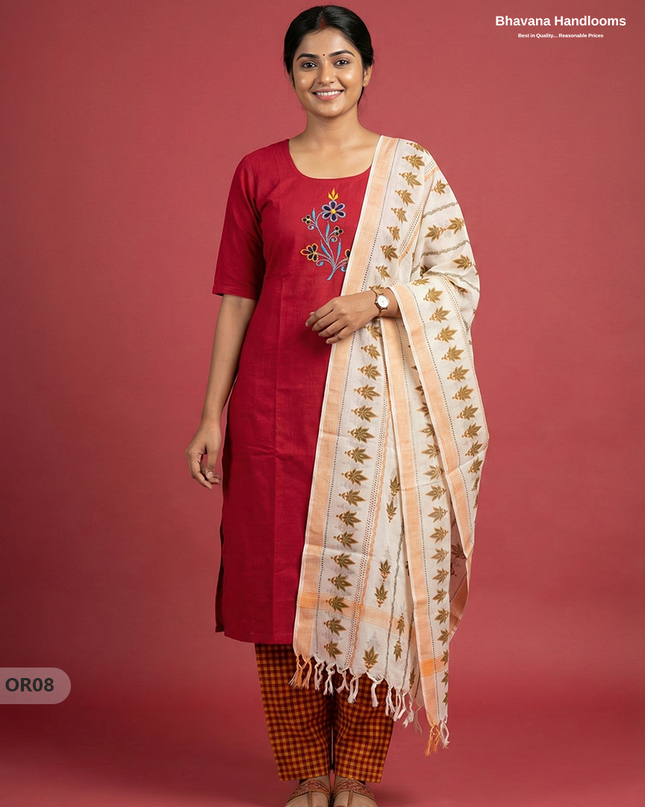 Cotton 3Pc Ready-to-Wear Kurti Set – Red colour | No Lining