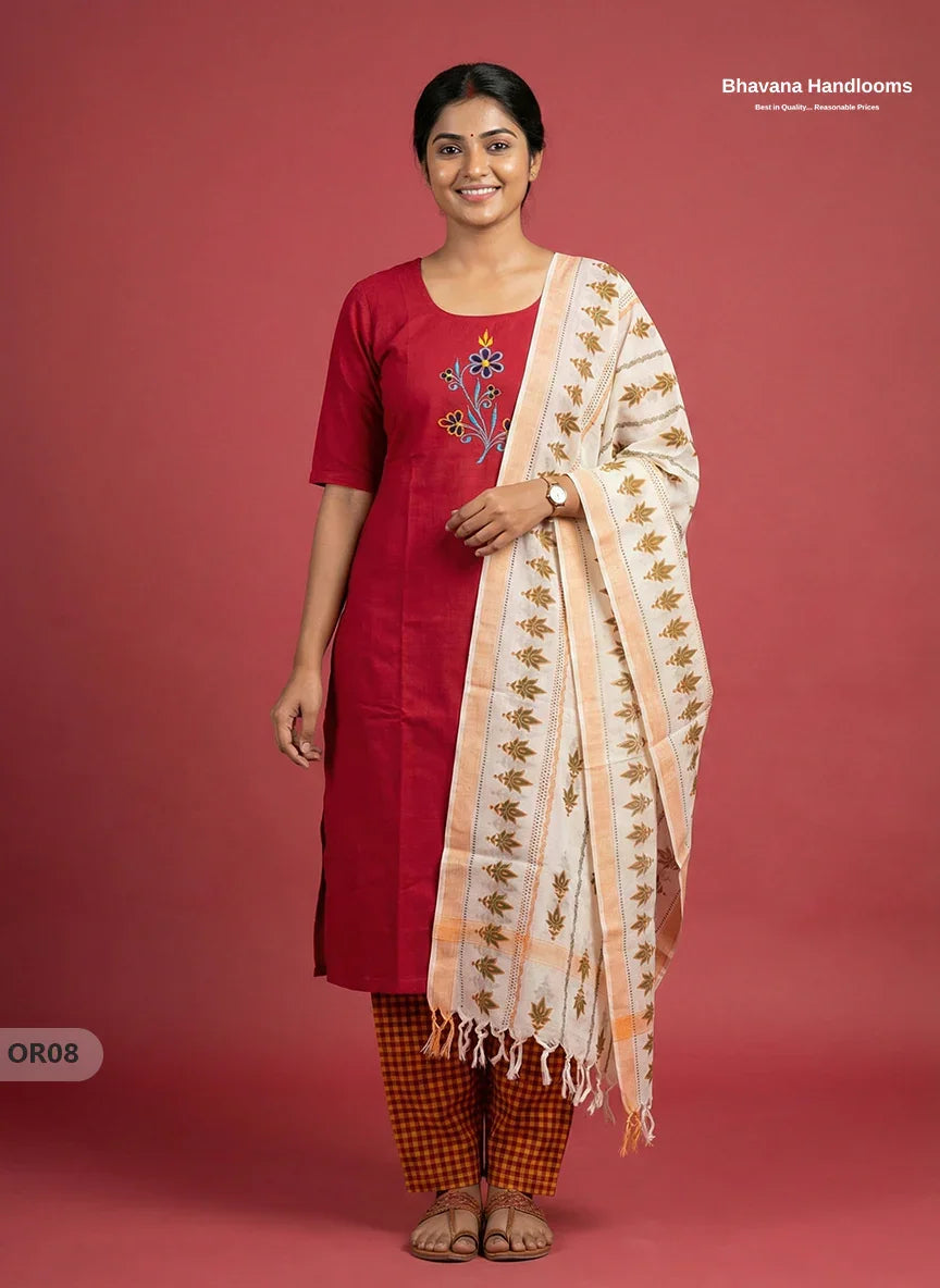 Cotton 3Pc Ready-to-Wear Kurti Set – Red colour | No Lining