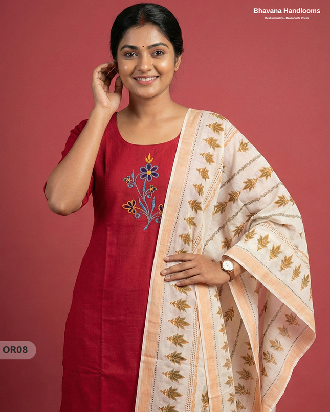 Cotton 3Pc Ready-to-Wear Kurti Set – Red colour | No Lining