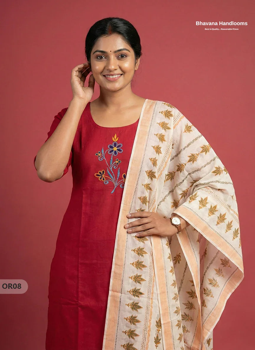 Cotton 3Pc Ready-to-Wear Kurti Set – Red colour | No Lining