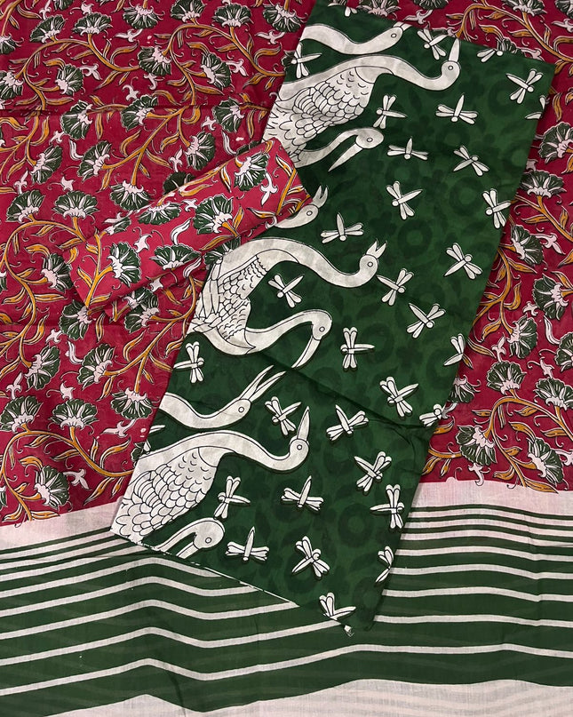 Kalamkari Cotton Hakoba Woven Print 3PC Dress Material Set in Forest Green | Traditional Handcrafted Elegance