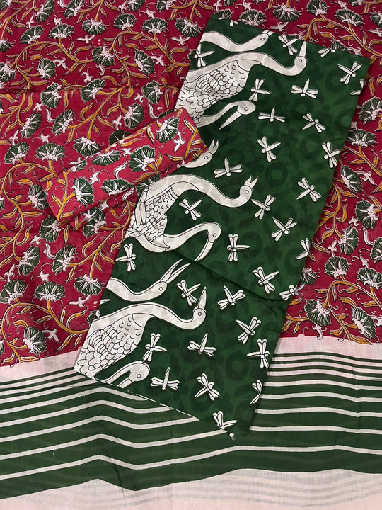 Kalamkari Cotton Hakoba Woven Print 3PC Dress Material Set in Forest Green | Traditional Handcrafted Elegance