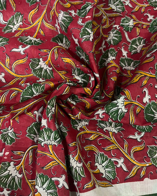 Kalamkari Cotton Hakoba Woven Print 3PC Dress Material Set in Rich Red | Traditional Handcrafted Elegance