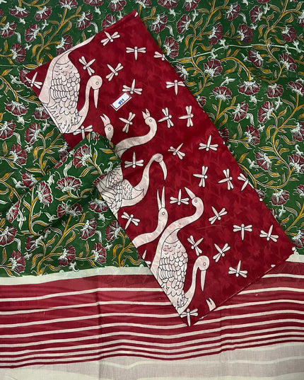 Kalamkari Cotton Hakoba Woven Print 3PC Dress Material Set in Rich Red | Traditional Handcrafted Elegance